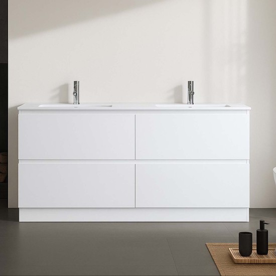 DNF 1500X460X830MM PLYWOOD FLOOR STANDING VANITY - GLOSSY WHITE WITH DOUBLE CERAMIC TOP